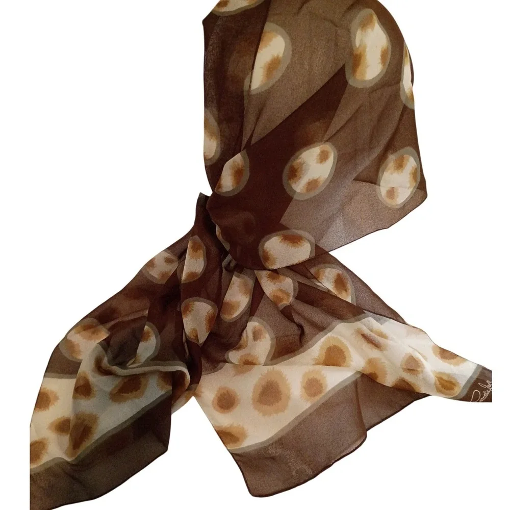 Amelia Jane Silk Chiffon Scarf Brown Ivory Polka‎ Dot Sheer Signed Women's